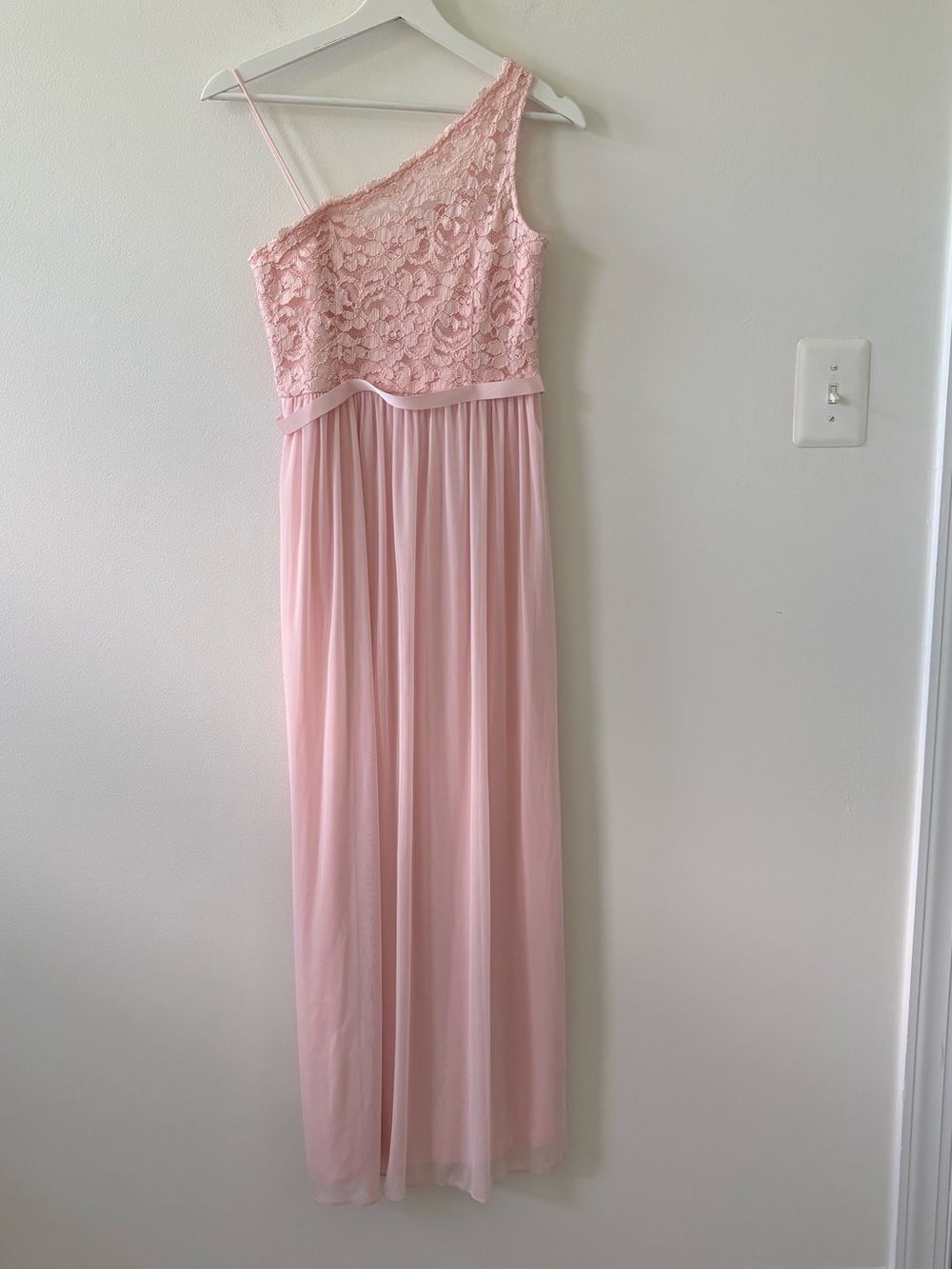David's Bridal - Girl’s Pale Blush Lace One-Shoulder Maxi Dress